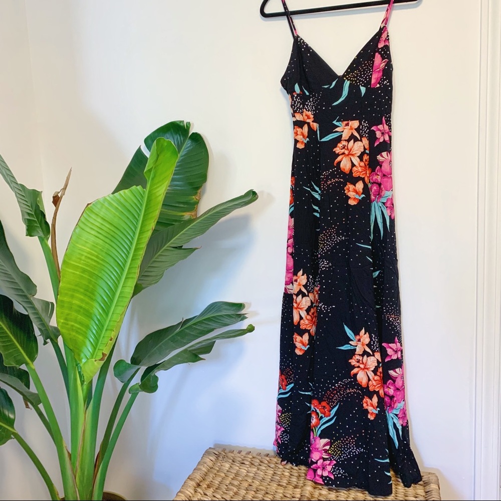 Black and pink floral and polka dot maxi dress